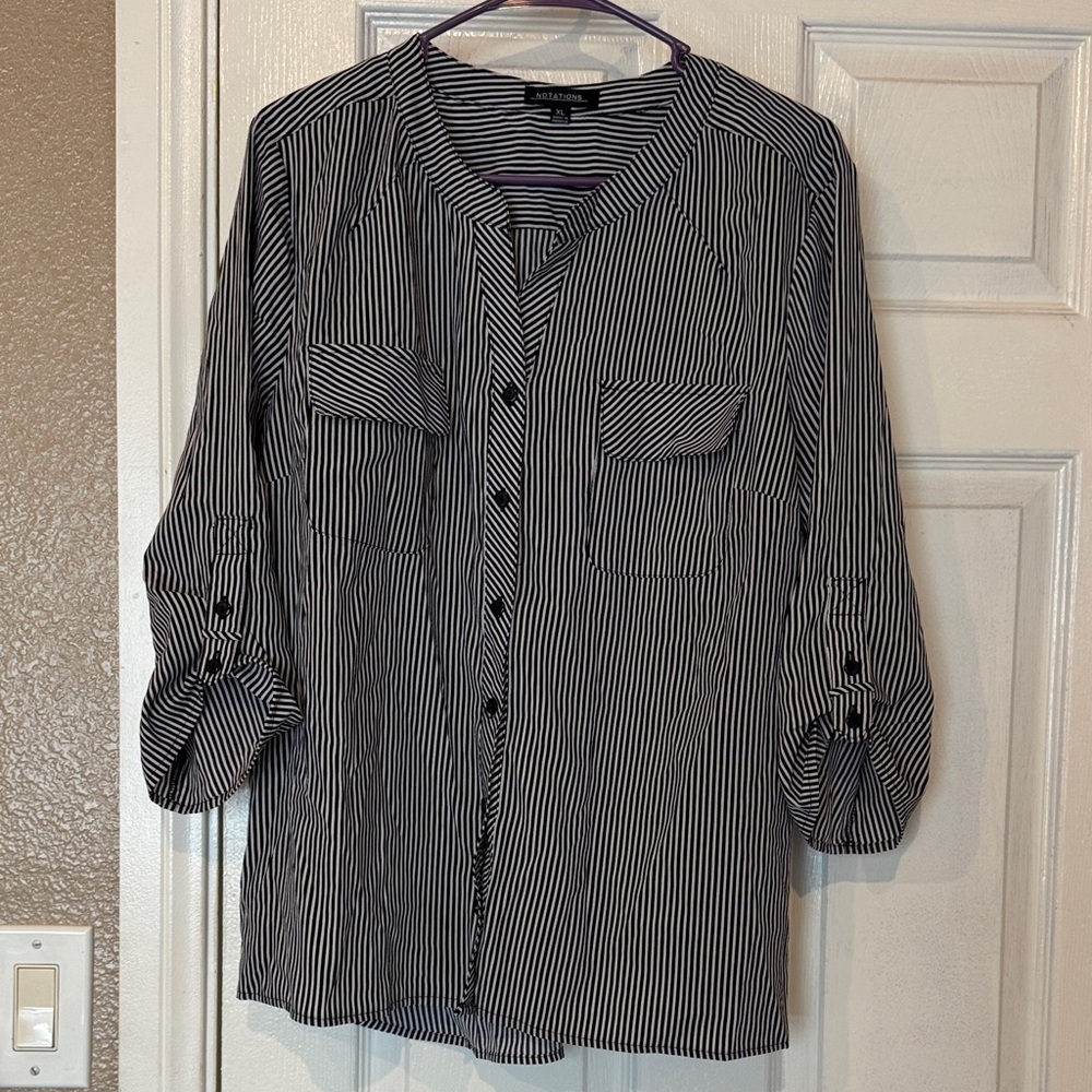 Notations Black and White Striped Button-Up Shirt